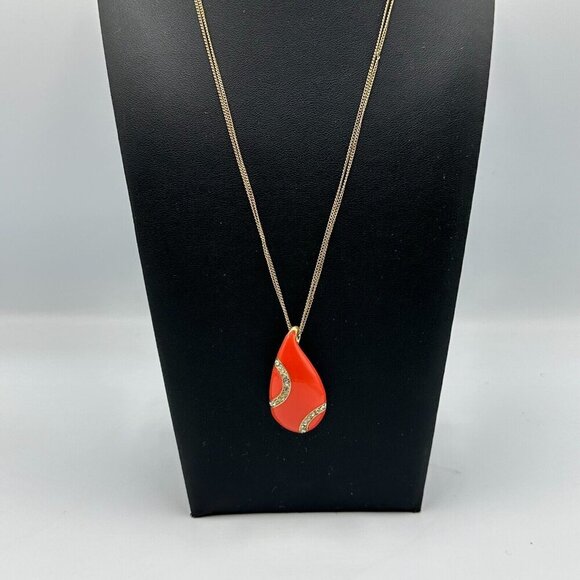 3/$30 Kiam Family Pendant Necklace Gold Orange Teardrop Rhinestone Long Chain - Picture 1 of 11